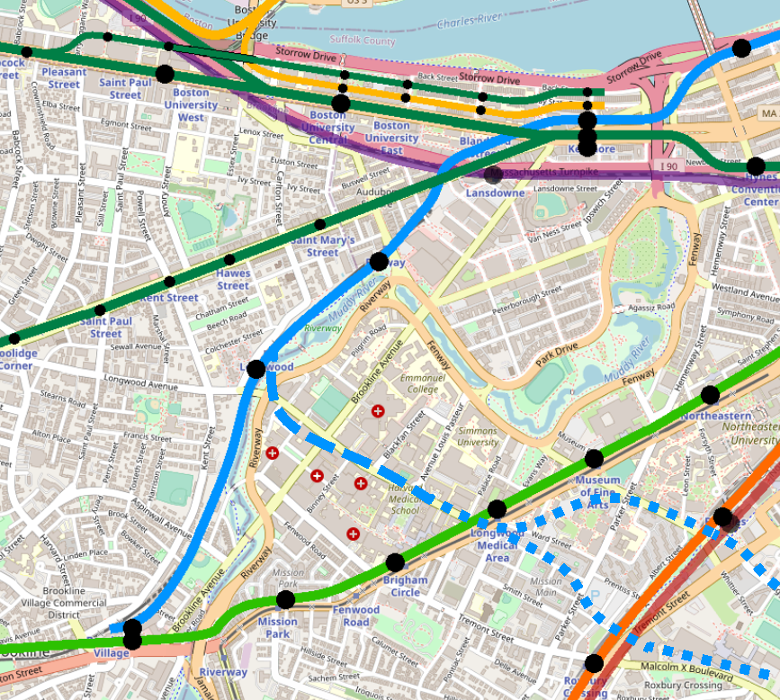 A map showing the Blue Line replacing the Riverside Line between Kenmore and Brookline Village; dotted lines indicate possible extensions to Nubian via LMA and Ruggles or Roxbury Crossing
