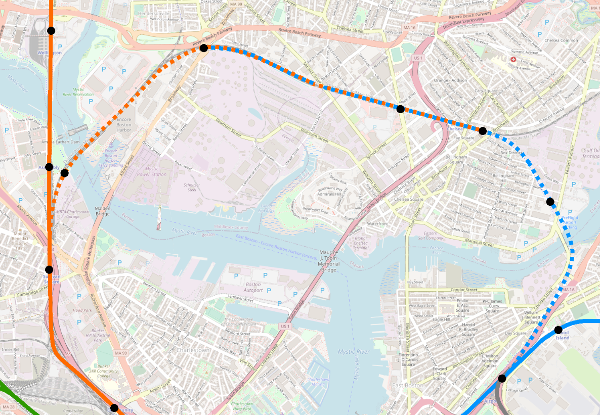 A map of the current MBTA subway network, focused on Chelsea and Everett, showing dashed line branches of both the Blue and Orange Lines, originating at Maverick and Sullivan respectively, following the historic ROW of the Grand Junction across the rivers into Chelsea and Everett, paralleling the Eastern Route Commuter Rail line