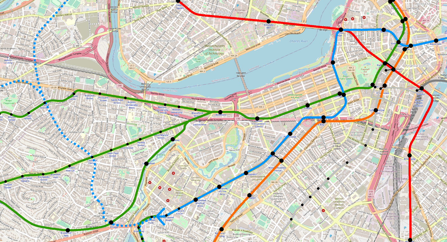 A map of today's MBTA rapid transit system, focused on Back Bay, Longwood, and Brookline. The Blue Line extends from Bowdoin to Charles/MGH, down Storrow Drive to the north end of Arlington Street, runs along the Public Garden to the Green Line's Arlington station, before turning southwest under Columbus Ave, and then turning west next to the Mass Pike, stopping at Back Bay and continuing until reaching Huntington Avenue, where it continues until the Mission Hill neighborhood. From there, dotted lines show possible further extensions south to Forest Hills, and north to Brookline and then Harvard or Brighton