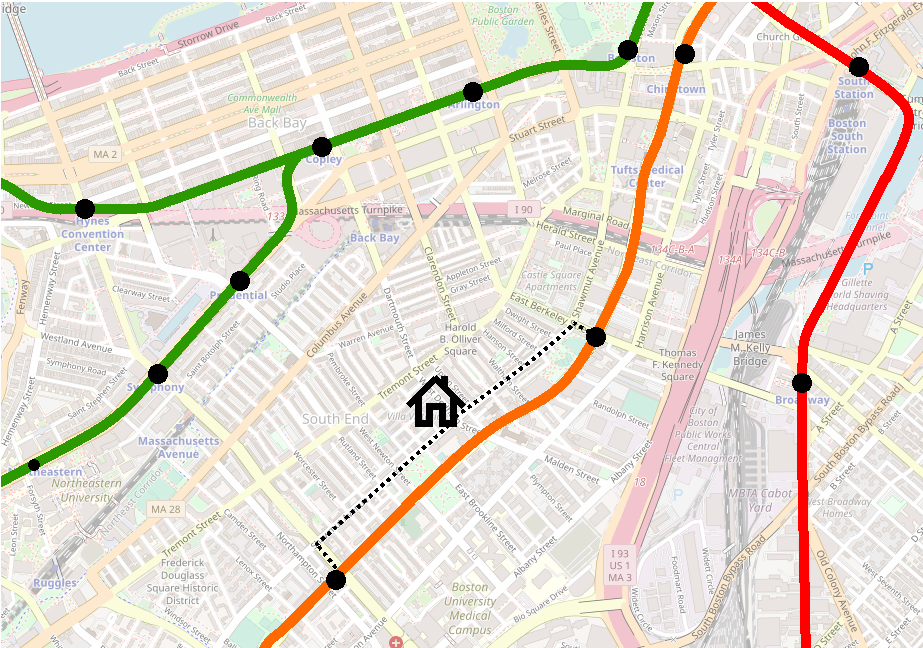 A map of the MBTA rapid transit system in the South End, circa 1980
