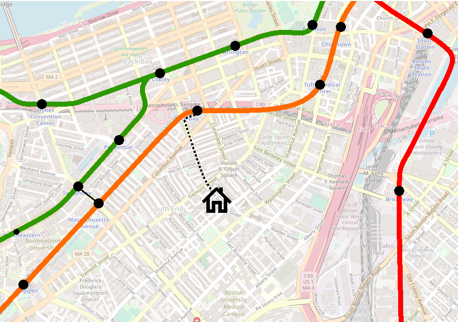 A map of the current MBTA rapid transit system in the South End