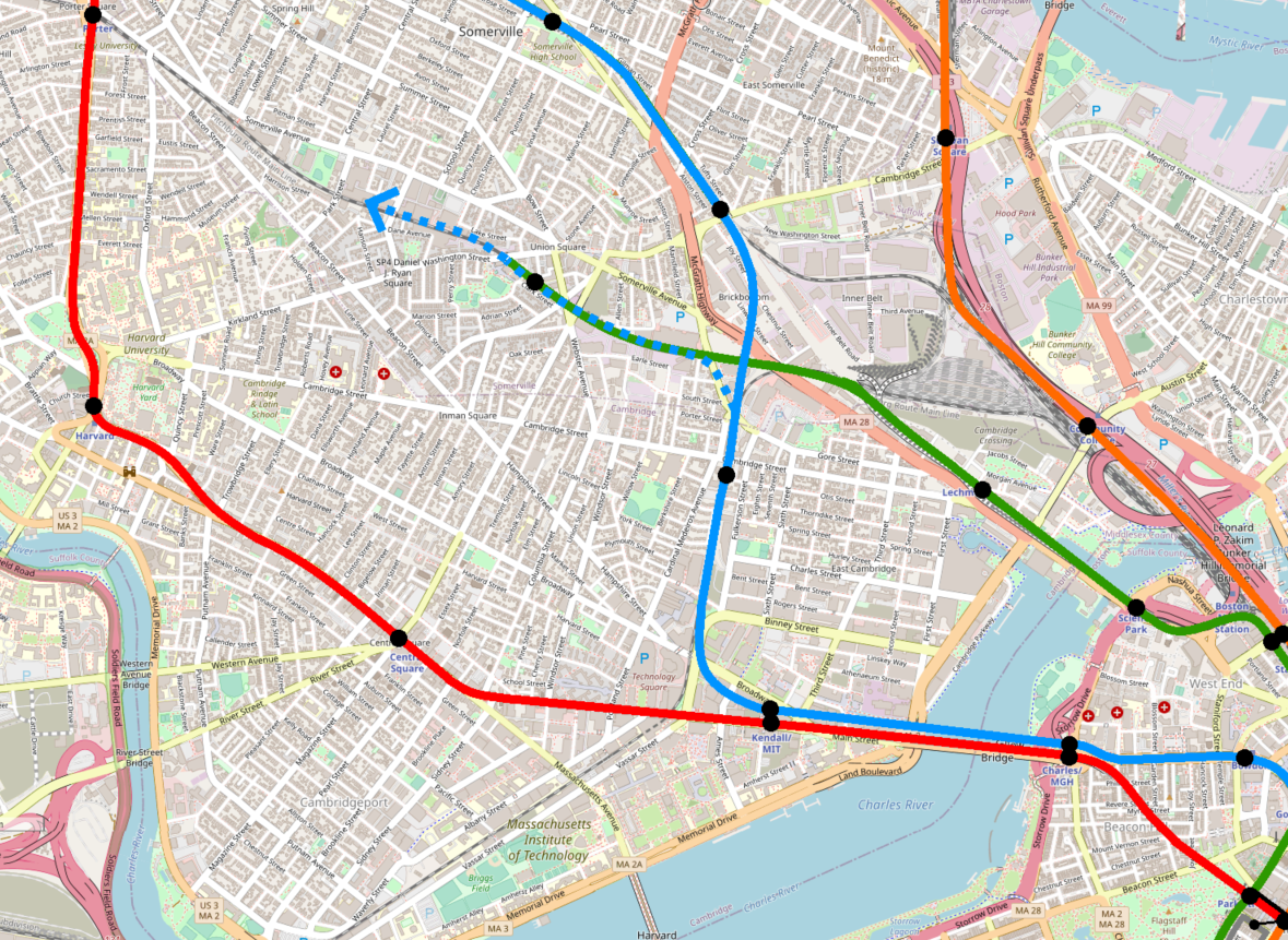 A map of the current MBTA rapid transit system, focused on eastern Cambridge and Somerville, showing the Blue Line extended from Bowdoin to Charles/MGH, across the Longfellow Bridge to Kendall/MIT, after which it turns north under the Grand Junction, with a stop at Cambridge Street, before meeting the alignment of the present-day GLX Medford Branch, and carrying on from there; a dotted line indicates an optional extension to Union Square and beyond